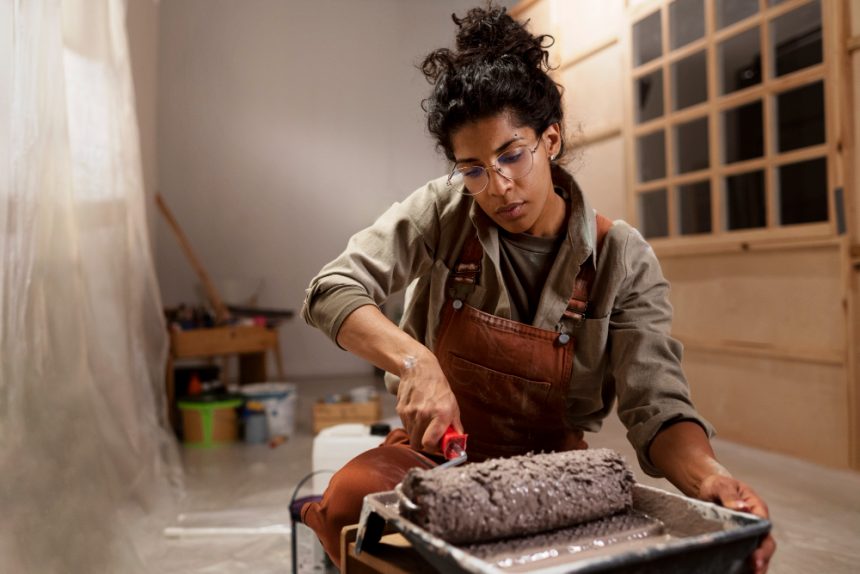A woman in an apron rolls a piece of clay on a work surface, focused on her pottery project