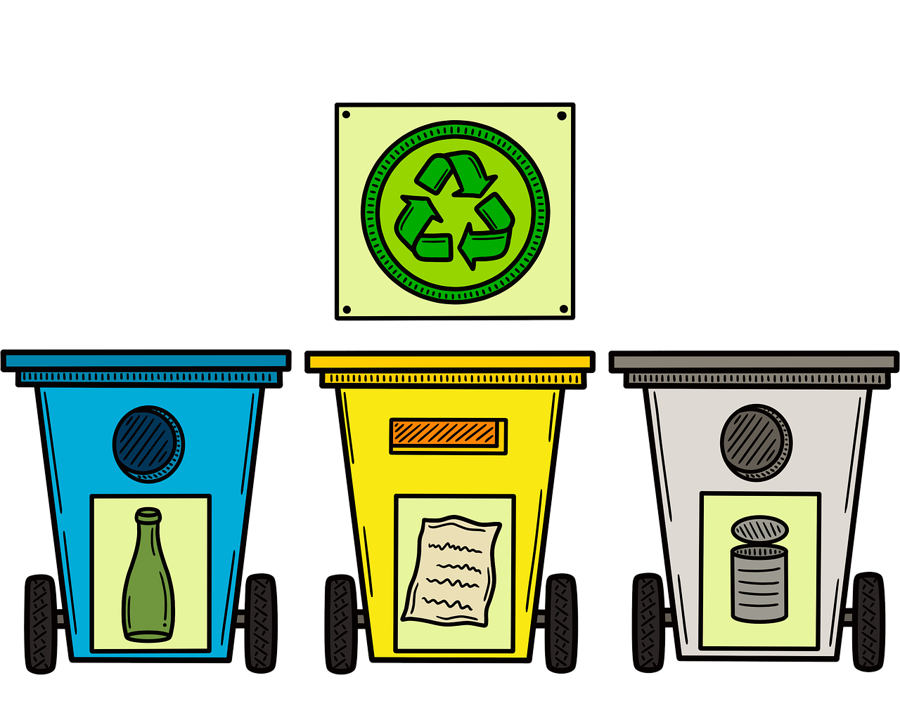 Three recycling bins with a sign indicating proper waste disposal methods for recyclable materials